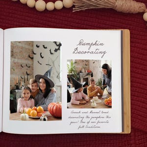 Close-up image showing the interior of our Halloween family photo album, where fall family photos and detailed messages are written inside.