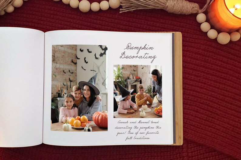 Close-up image showing the interior of our Halloween family photo album, where fall family photos and detailed messages are written inside.