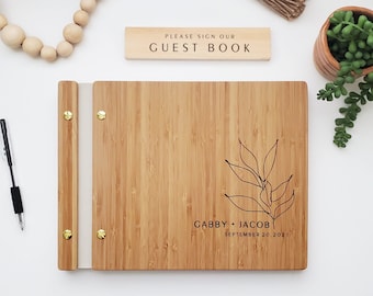 Botanical Wedding Guest Book, Personalized Wooden Guestbook Album