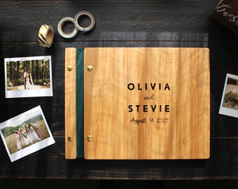Green Wedding Guest Book, Personalized Wooden Photo Booth Album