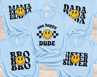One Happy Dude Birthday Shirts, 1st Birthday, Smiley Face Matching Birthday Outfit, Mommy and Me, One Happy Daddy Mama Family Tees