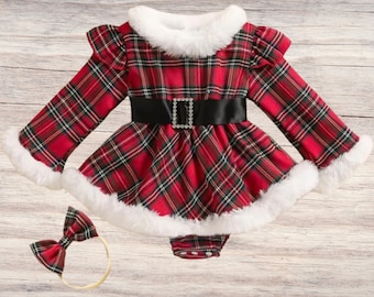 Christmas Baby Romper Dress: Red Tartan Skirt, Photo Prop Outfit My First Christmas Outfit