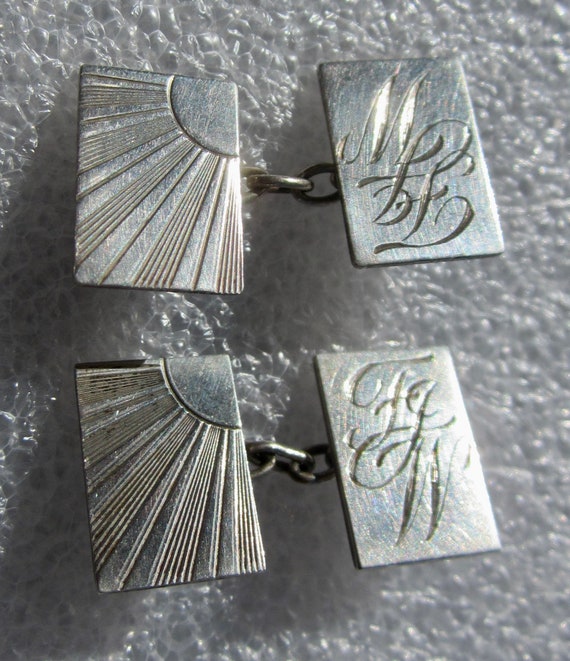 Antique Art Deco Sun Burst Sun Ray Sterling Silver Cufflinks - FGW