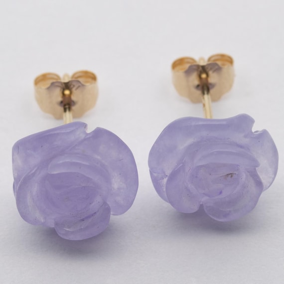 Vintage 14ct Yellow Gold Purple Jade Jadeite Flower Stud Earrings