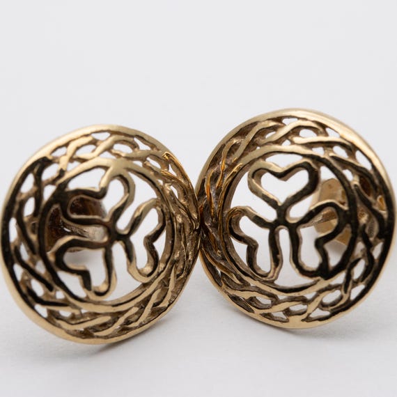 Vintage 9ct Yellow Gold Celtic Lovers Endless Knot Lucky Shamrock Heart Stud Earrings