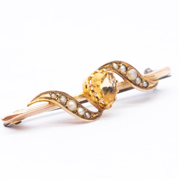 Antique Edwardian Chester 9ct Rose Gold Citrine Heart Seed Pearl Brooch