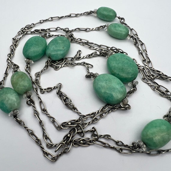 Antique Art Deco Sterling Silver Amazonite Guard Chain Necklace