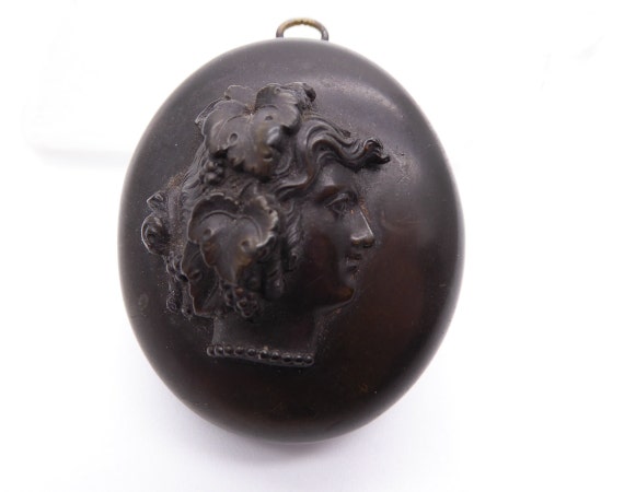 Antique Victorian Vulcanite Mourning 3D Black Cameo Lady Photo Locket Pendant