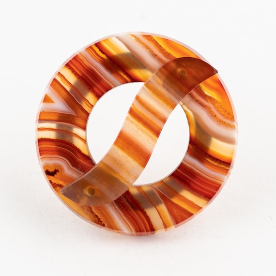 Antique Victorian Carved Riveted Carnelian Banded Agate Target Brooch