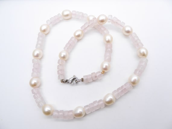 Vintage Sterling Silver Rose Quartz & Baroque Freshwater Pearl Necklace