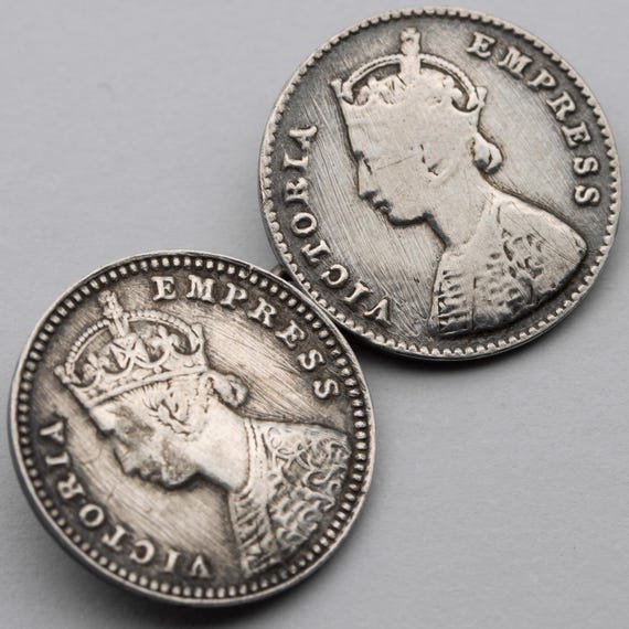 Antique Victorian 2 Annas Coin Cufflinks – Young Head Empress Silver 1862 /1880 1880/ 1877