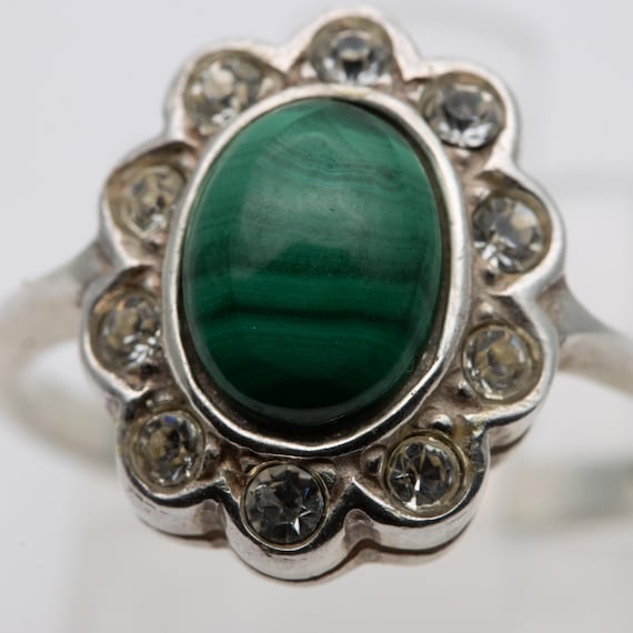 Vintage Silver Malachite & Paste Cluster Ring – Size M 1/2