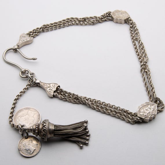 Antique Victorian Sterling Silver Ladies Albertina Watch Chain & Tassel
