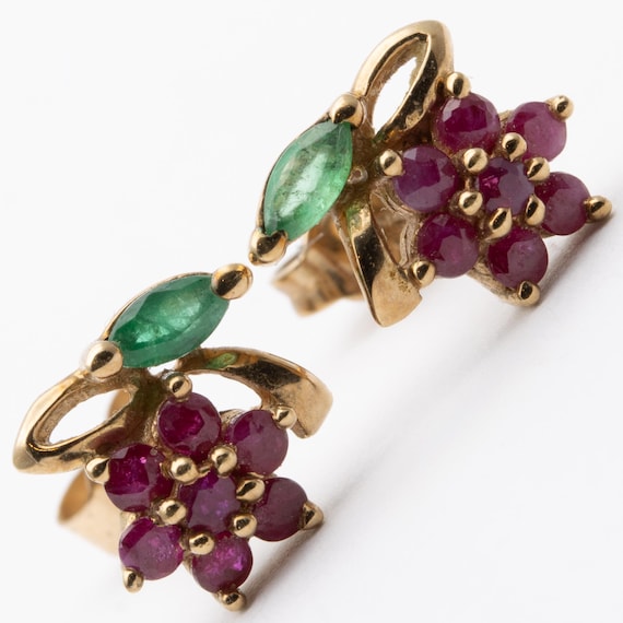 Vintage 9ct Yellow Gold Emerald Ruby Flower Stud Earrings