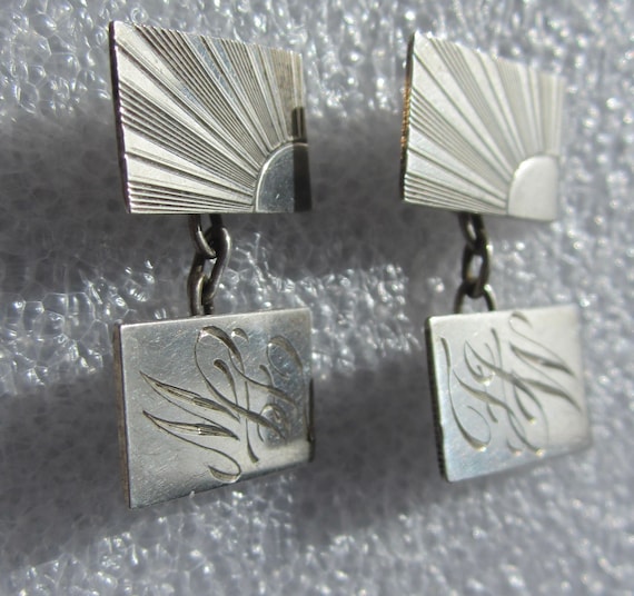 Antique Art Deco Sun Burst Sun Ray Sterling Silver Cufflinks - FGW