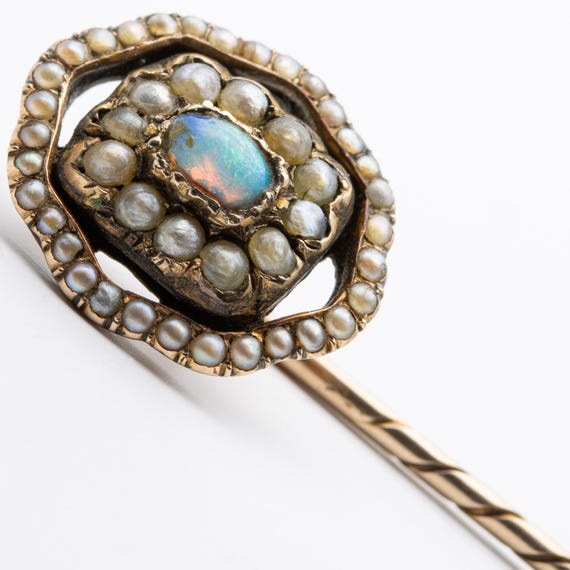 Antique Victorian Gold, Opal & Seed Pearl Stick Tie Cravat Pin
