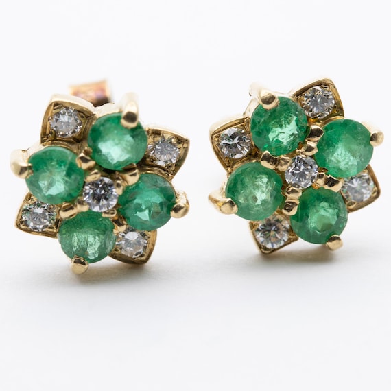 Vintage 18ct Yellow Gold Emerald & Diamond Cluster Earrings