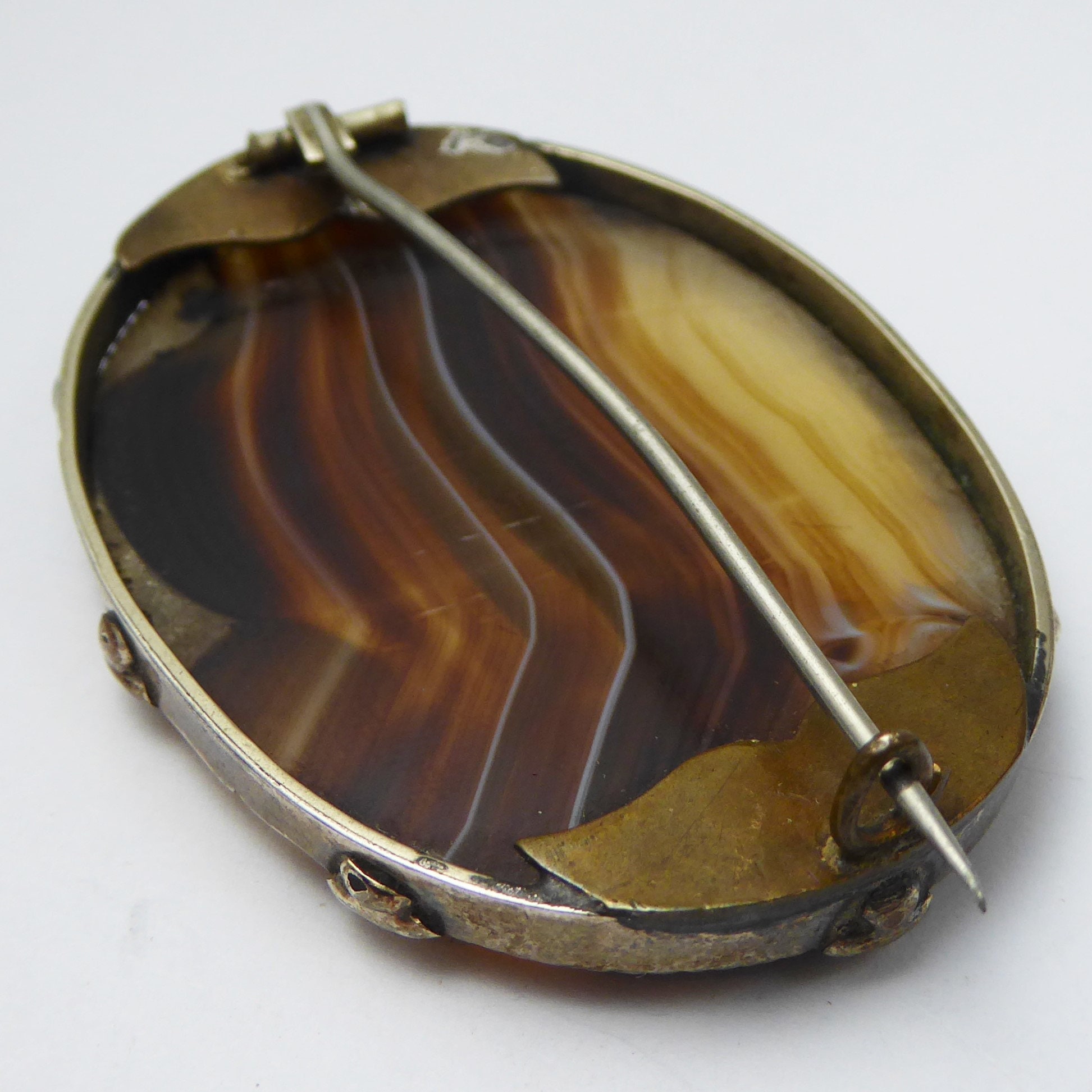 Antique Victorian Silver & Sardonyx Banded Agate Brooch