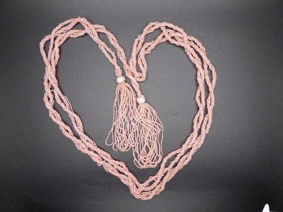 Antique Art Deco Woven Rope Pink Beaded Flapper Scarf Belt Necklace