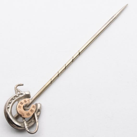 Antique Victorian Equestrian Sterling Silver Horseshoe Riding Crop Stick Tie Cravat Pin