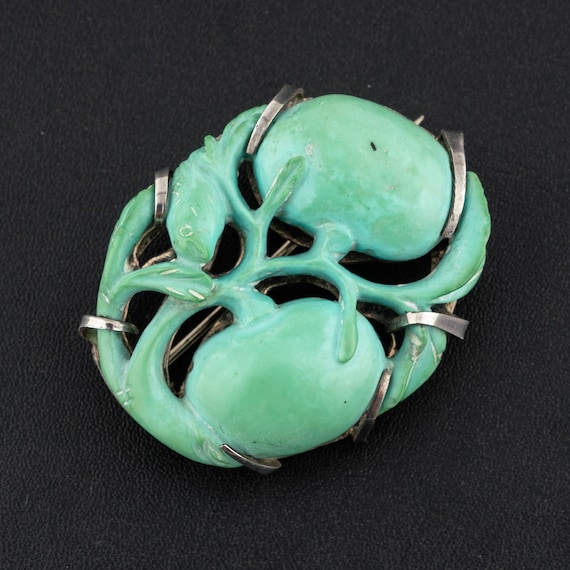 Antique Art Deco Chinese Sterling Silver Carved Turquoise Fish Brooch