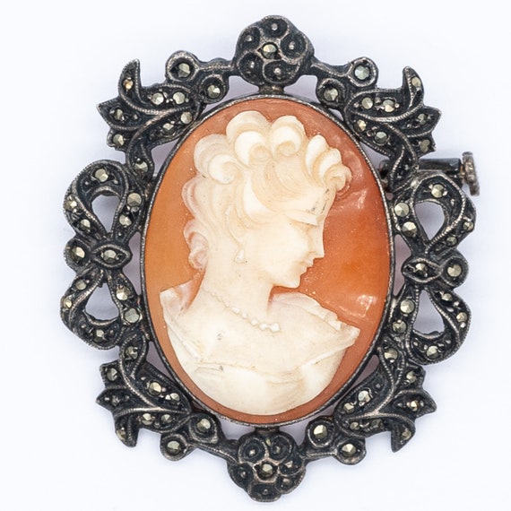 Vintage French Sterling Silver Marcasite Cameo Brooch