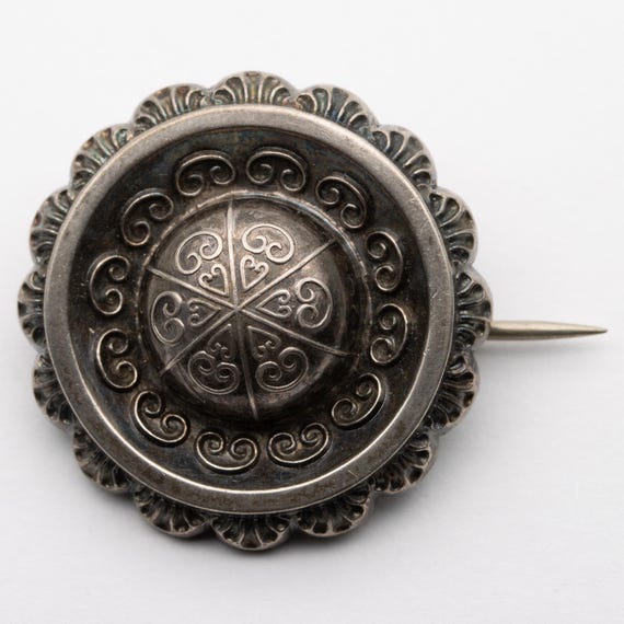 Antique Victorian Sterling Silver Etruscan Revival Target Brooch