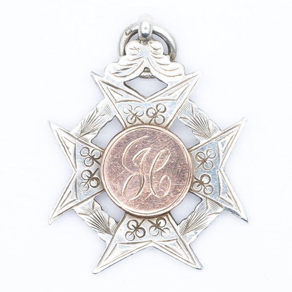 Antique Maltese Cross Silver & Rose Gold Fob Pendant – H initial