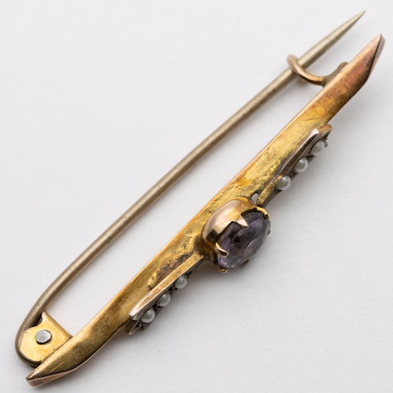 Antique Edwardian 9ct Yellow Gold Amethyst & Seed Pearl Brooch
