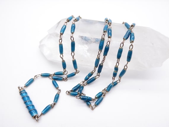 Antique Art Deco Sterling Silver Blue Guilloche Enamel Chain Necklace