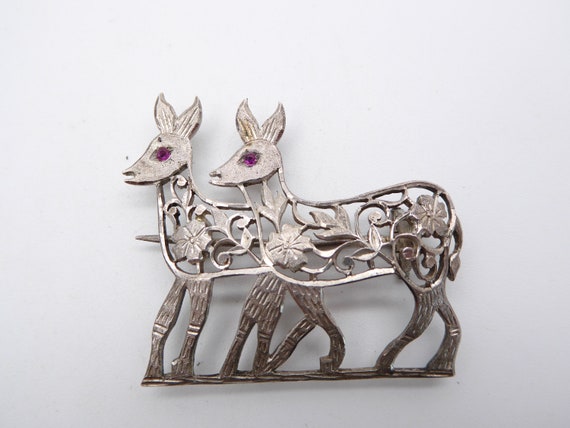 Vintage Sterling Silver Cut Out Flower Deer Brooch