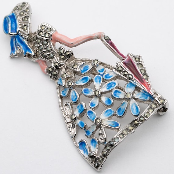 Vintage Marcasite Enamel Forget Me Not Crinoline Lady Parasol Brooch