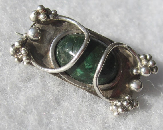 Antique Arts & Crafts Sterling Silver Chrysocolla Dioptase Malachite Cabochon Brooch