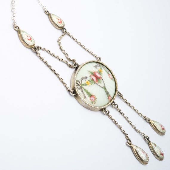 Antique Edwardian Sterling Silver Guilloche Enamel Drop Pendant Necklace