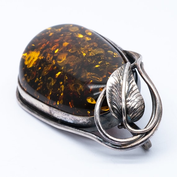 Vintage Art Nouveau Style Sterling Silver Green Amber Pendant Brooch