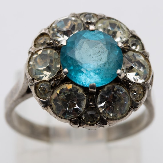 Antique Art Deco French Silver Blue Zircon Diamond Paste Ring – Size K