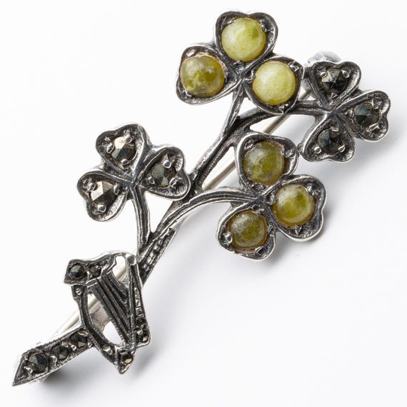 Vintage Irish Silver Connemara & Marcasite Shamrock Harp Brooch