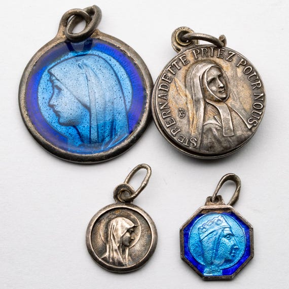 Collection of Silver Enamelled St Bernadette & Mary Madonna Pendants Tokens