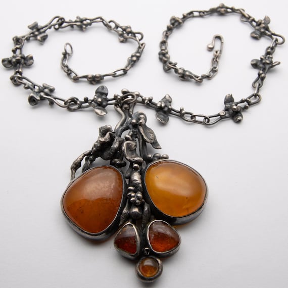 Vintage Polish Silver Baltic Amber Copal Pendant Necklace