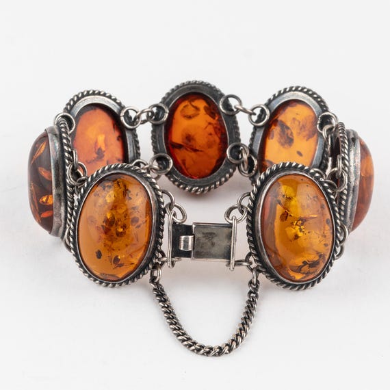 Vintage Polish Sterling Silver Amber Panel Bracelet