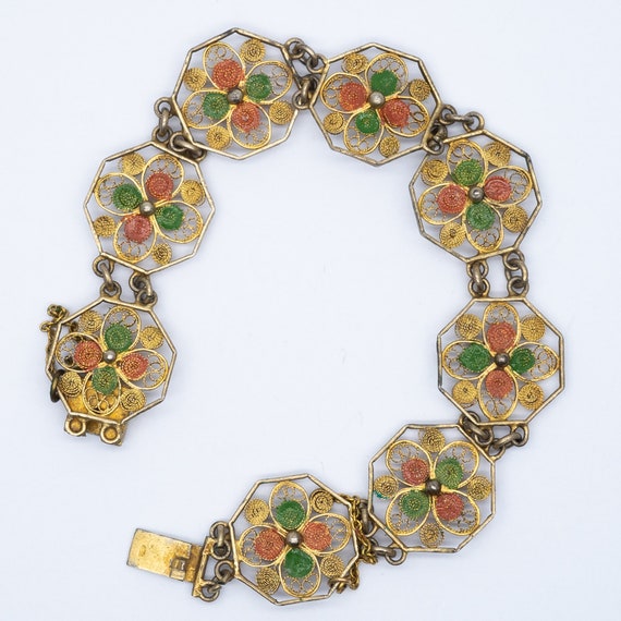 Vintage Continental Silver Gilt Filigree Enamel Flower Bracelet