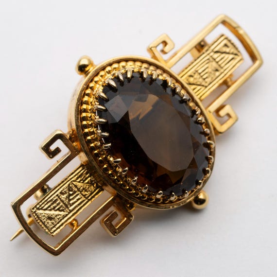 Antique Victorian Smoky Quartz Cairngorm Etruscan Brooch