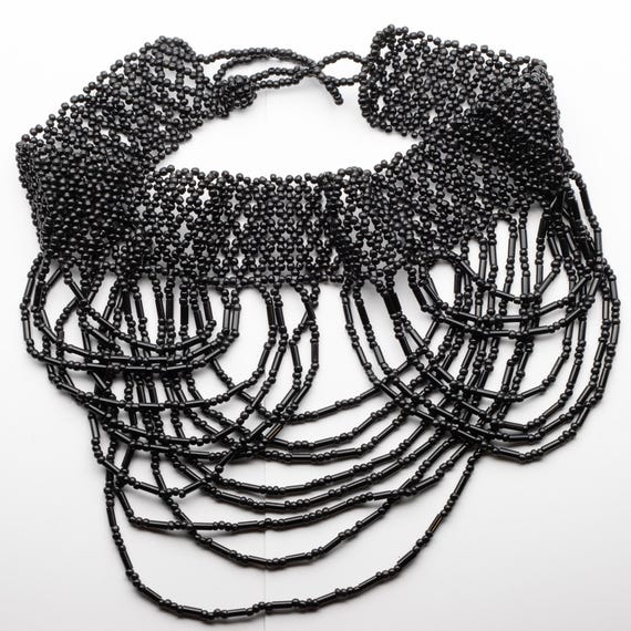 Vintage Black Beadwork Choker Collar Bib Necklace
