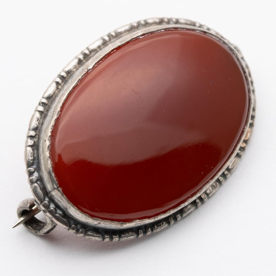 Antique C1910s Edwardian Silver Carnelian Pie Crust Fichu Lace Pin Brooch