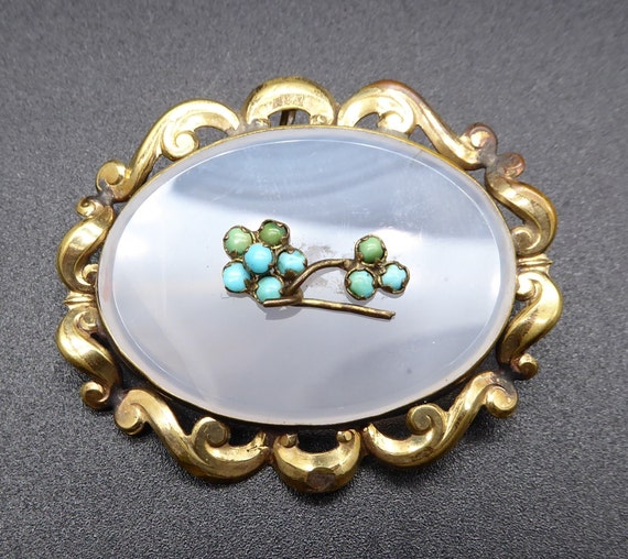 Antique Victorian Pinchbeck Chalcedony & Turquoise Brooch