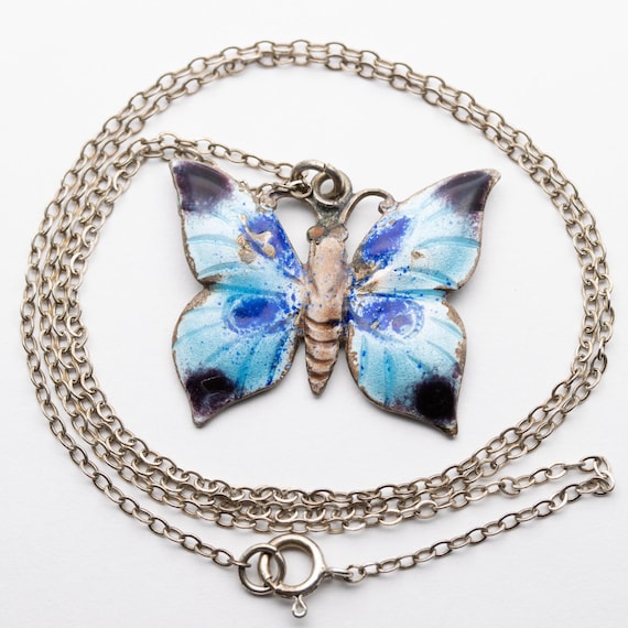 Vintage Sterling Silver Enamel Butterfly Pendant Necklace
