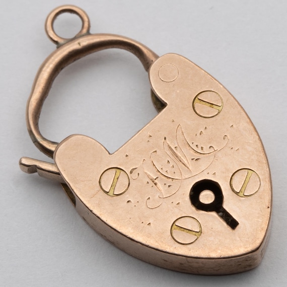 Antique 9ct Rose Gold Charm Bracelet Heart Padlock Clasp – Working – Engraved HM