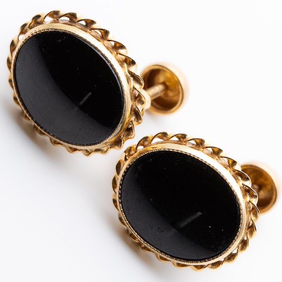 Vintage Budlong Docherty & Armstrong 10ct Yellow Gold Onyx Screw Back Earrings