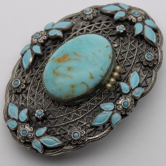 Vintage Czech Hubbell Glass Faux Turquoise Enamel Filigree Brooch