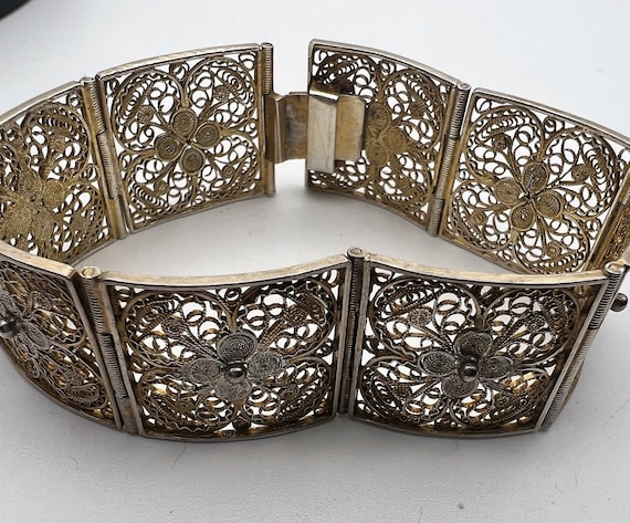 Antique 800 Silver Gilt Filigree Bracelet - Flowers